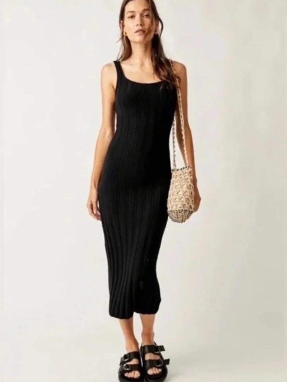 Free People Black Ribbed Midi Tank Dress